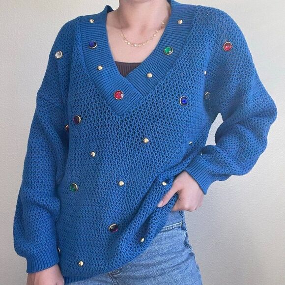 Vintage Womens Gepetto 80s Oversized Blue Rhinestone Sheer V Neck Sweater Sz L - Picture 1 of 8
